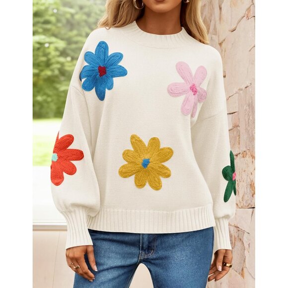 Women's Ribbed Knit Sweater Casual Long Puff Sleeve Crewneck Fall Top - Picture 2 of 7